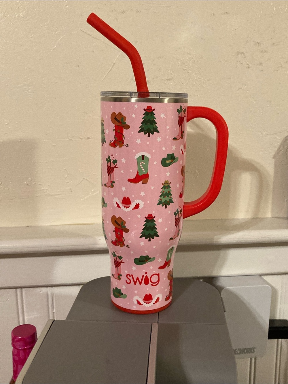 30 oz Swig Life Pink Holiday Cowboy Print Travel Tumbler with Red Handle